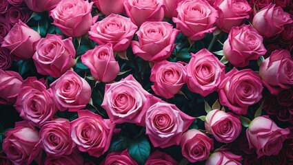 Wall Mural - Close up view of a dense arrangement of pink roses displaying petals and foliage in a vibrant floral composition