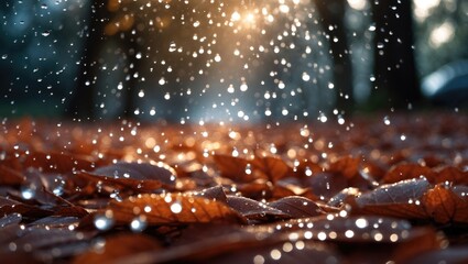 Wall Mural - Raindrops falling on orange and brown autumn leaves with sunlight in the background creating a sparkling effect