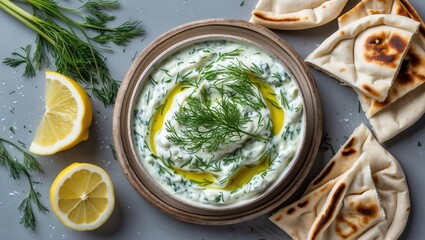 Wall Mural - Greek yogurt dip with fresh herbs served with lemon wedges and pita bread on a gray surface with herb garnish and olive oil drizzle Copy Space