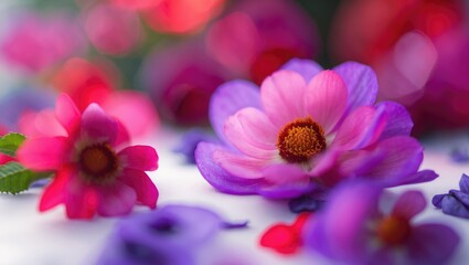 Wall Mural - Colorful blooming flowers in shades of pink and purple with soft focus background creating a vibrant and lively floral arrangement.