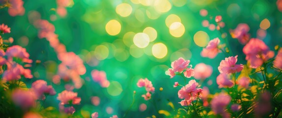 Wall Mural - Close-up of pink flowers with a soft focus background featuring a bokeh effect of green and yellow lights in a natural setting