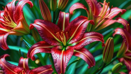 Wall Mural - Vibrant red lilies with green foliage in a close-up view showcasing intricate petals and details the beauty of floral nature