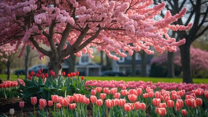 Wall Mural - Blossoming cherry tree with pink flowers surrounded by vibrant red and pink tulips in a spring garden setting.