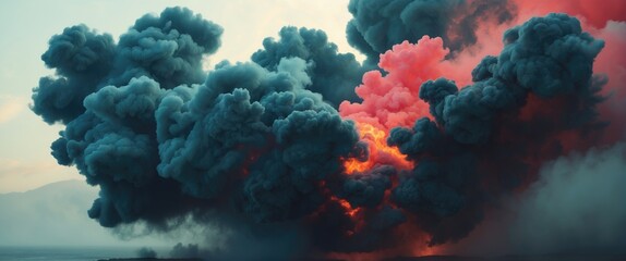 Wall Mural - colorful smoke clouds with vivid hues of blue, black, and pink billowing against a pastel sky.