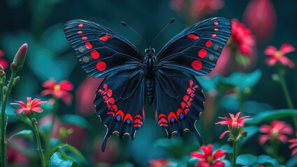 Wall Mural - Red and black butterfly perched on flowers with green foliage in background showing vibrant colors and intricate patterns Copy Space