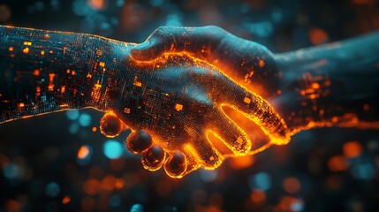 Fototapete - A conceptual financial deal, merging a handshake with a digital economy, AI-enhanced financial trends wrapping around, cryptocurrency symbols glowing, ultra-sharp business visualization,