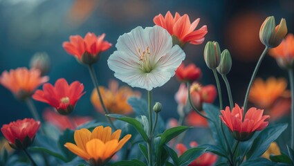 Wall Mural - Colorful flower garden with white and orange flowers in a soft focus background Copy Space