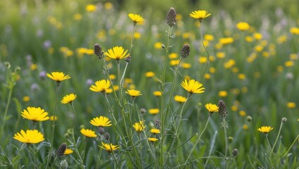 Wall Mural - Yellow wildflowers in a lush green field showcasing vibrant blossoms and natural foliage with potential for text placement Copy Space