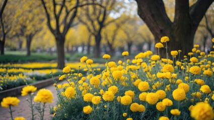 Wall Mural - Vibrant yellow marigold flowers in a park during spring with blurred trees in the background and ample copy space for text