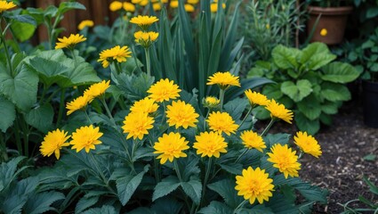 Wall Mural - Yellow flowering plants in lush green garden foliage with blurred background and natural light Copy Space