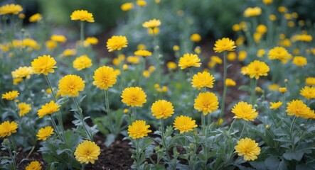 Wall Mural - Yellow flowers in a garden with blurred background showcasing vibrant blooms and green foliage Copy Space