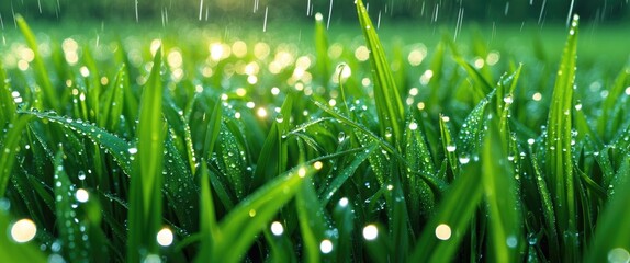 Sticker - Close-up of vibrant green grass with dew drops glistening in sunlight, creating a fresh and serene macro background with natural beauty.