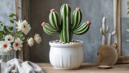 Poster - Decorative artificial cactus in a white pot surrounded by pebbles and flowers on a rustic wooden surface for home decor ambiance.