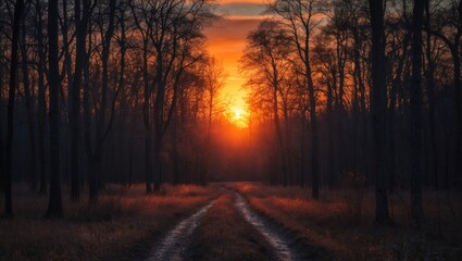 Wall Mural - serene sunset over dark woods with a winding path illuminated by warm orange hues and silhouettes of