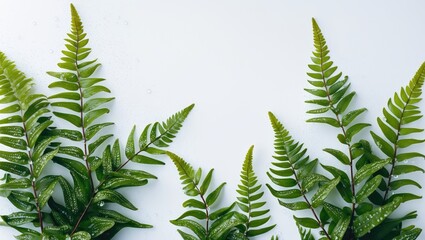 Wall Mural - lush green ferns with dewdrops on a clean white background creating a serene and fresh atmosphere wi