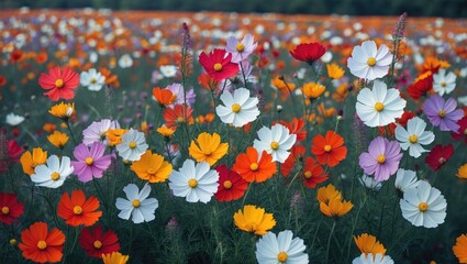 Wall Mural - vibrant cosmos flower field with a variety of colorful blooms creating a picturesque landscape in na