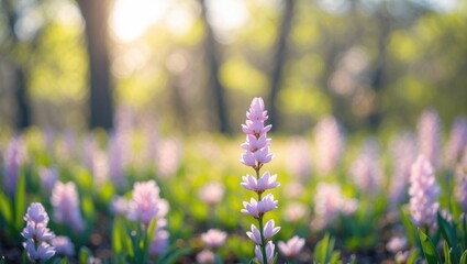 Wall Mural - delicate spring flowers with soft bokeh background in a sunlit forest creating a serene and tranquil