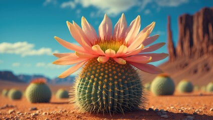 Wall Mural - vibrant cactus flower blooming in a desert landscape with mountains in the background