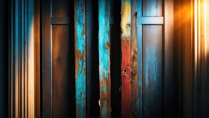 Sticker - Weathered wooden closet doors with colorful strips illuminated by natural light creating a rustic and artistic atmosphere.