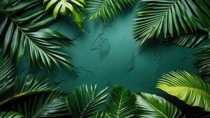 Sticker - Tropical green leaves with textured background creating a lush natural atmosphere for design and decoration purposes.