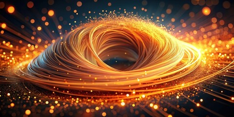 Wall Mural - swirling orange particles suspended in mid-air around a central optical fiber core, emitting a mesme