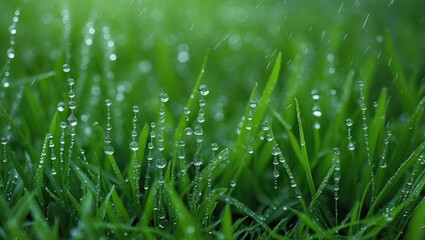 Wall Mural - morning dew glistening on lush green grass blades creating a serene and refreshing natural landscape