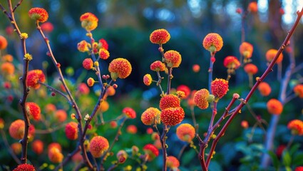 Poster - Vibrant garden scene featuring colorful twigs and round blossoms in warm hues of orange and yellow surrounded by lush greenery.