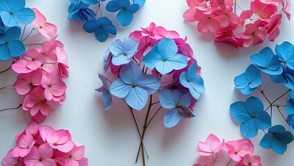 Sticker - Dried pink and blue hydrangea flowers arranged elegantly on a white background showcasing a vibrant and delicate floral display.