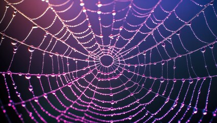 Sticker - Delicate spider web adorned with vibrant dew drops glistening under soft light creating a mesmerizing natural pattern and texture.