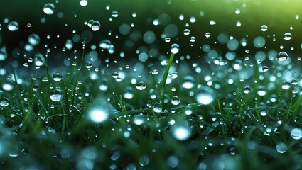 Poster - Abstract defocused background of dew drops on grass with soft green hues creating a tranquil and refreshing nature scene