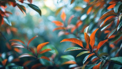 Wall Mural - Defocused abstract background featuring lush green and warm orange leaves creating a serene natural atmosphere.