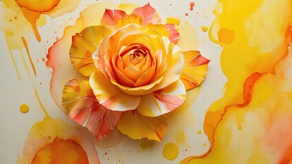 Wall Mural - close up of vibrant yellow watercolor painting featuring a beautiful rose bloom with orange accents 