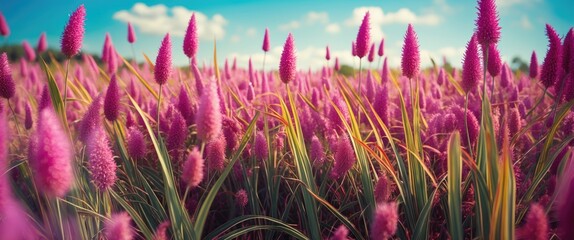 Wall Mural - vibrant field of ornamental pink grass with fluffy flower spikes under a bright blue sky showcasing 