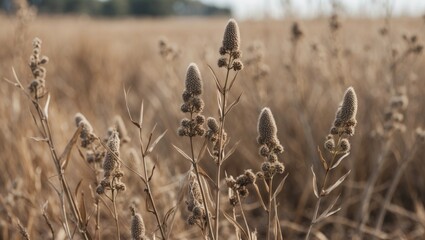 Wall Mural - Dry grass and wormwood branches in a sunlit field with selective focus, creating an abstract floral background in warm tones.