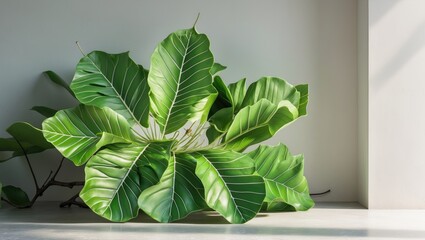 Sticker - Lush green leaves of Passiflora suberosa arranged artistically on a minimalist white background showcasing natural beauty and vibrant color.