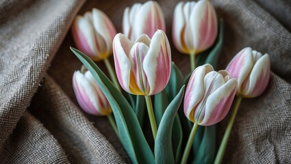 Sticker - Elegant tulips with pink and white petals arranged on textured burlap fabric in a close-up shot. Ideal for floral and nature themes.