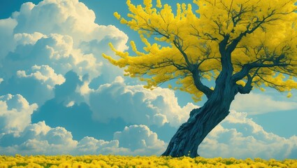 Poster - Lone yellow tree in a vibrant field of flowers under a bright blue sky with fluffy clouds in a serene natural landscape