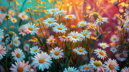 Wall Mural - vibrant daisy flower field with soft focus highlighting natural beauty and warm colors in a peaceful