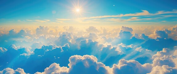 Wall Mural - bright blue sky with fluffy clouds and sun rays illuminating the scene during a clear day