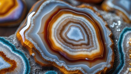 Wall Mural - Detailed close-up of colorful agate stone slices showcasing natural banding patterns and textures in earthy tones and hues.