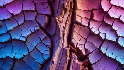 Poster - Textured wood surface with vibrant multicolored cracks showcasing natural patterns and artistic design for backgrounds or creative projects.