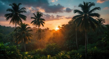 Wall Mural - tropical jungle at dawn with palm trees silhouetted against a vibrant sunrise creating a serene and 