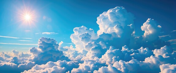 Wall Mural - blue sky with fluffy white clouds and bright sunlight illuminating the scene during a clear day in n