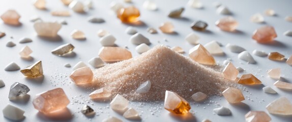 Wall Mural - Close-up view of a mound of sand surrounded by various gemstones and crystals on a light background.