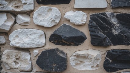 Wall Mural - Textured stone wall featuring a mix of white and black rocks with a natural appearance and earthy background surface.