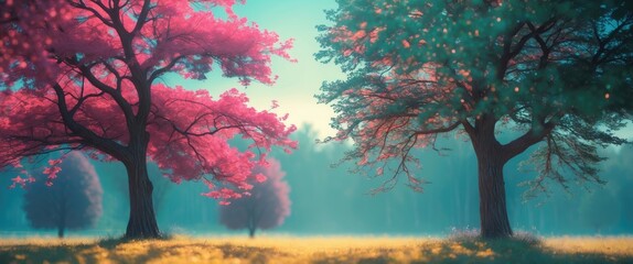 Wall Mural - colorful abstract landscape with two vibrant trees creating a serene, dreamy atmosphere in a soft-fo