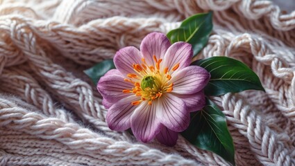 Wall Mural - purple flower with green leaves placed on a textured cream knitted fabric background