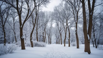 Wall Mural - serene winter scene with snow-covered bare trees in a tranquil forest pathway under a cloudy sky cre