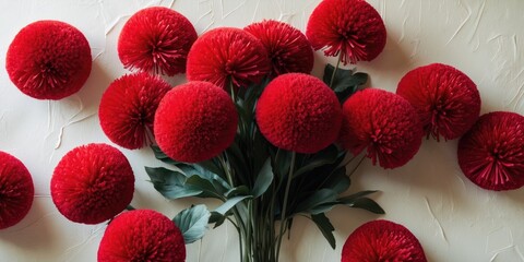 Wall Mural - vibrant deep red pompom flowers with lush green leaves creating a beautiful display and ample space 
