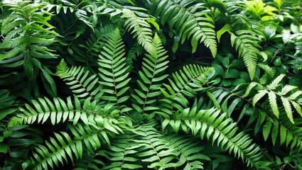 Wall Mural - lush green fern leaves texture in a vibrant natural setting with diverse plantation background